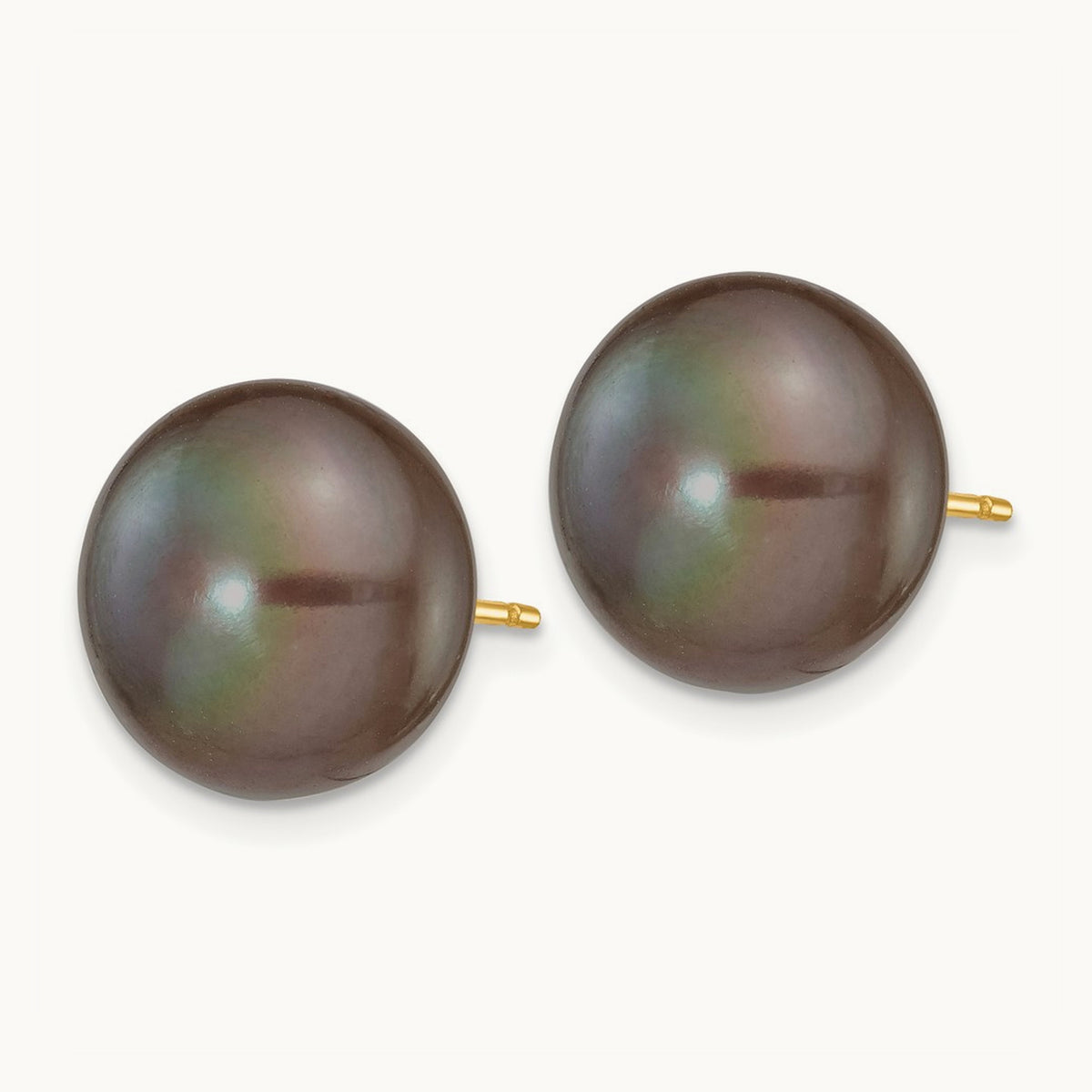 Black Button Freshwater Cultured Pearl Stud Post Earrings — 14K Yellow Gold