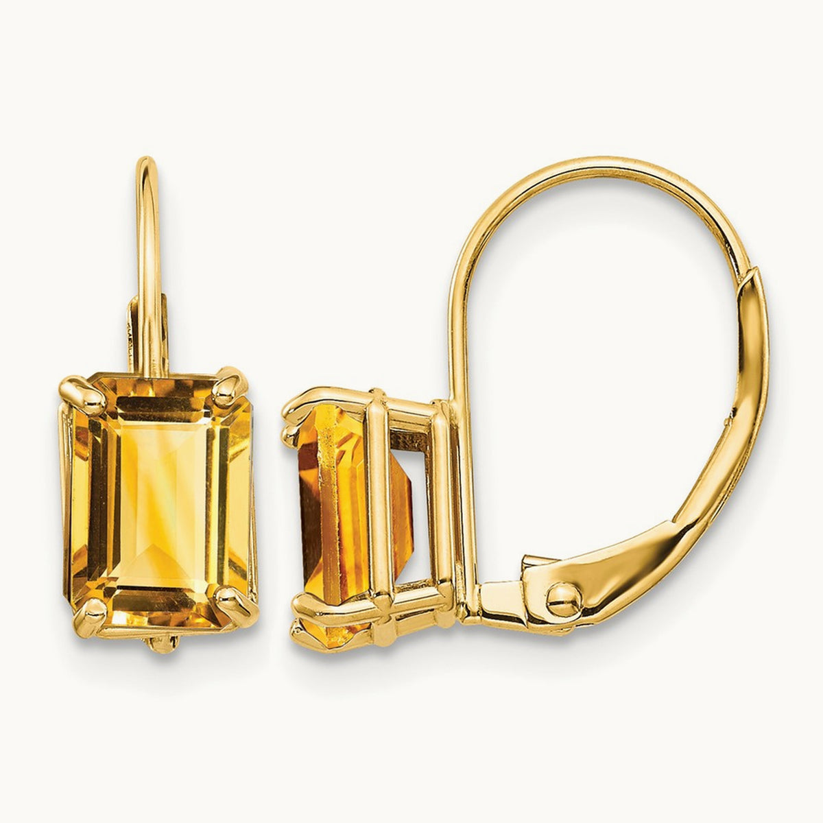 7x5mm Emerald Cut Citrine Leverback Earrings, 14K