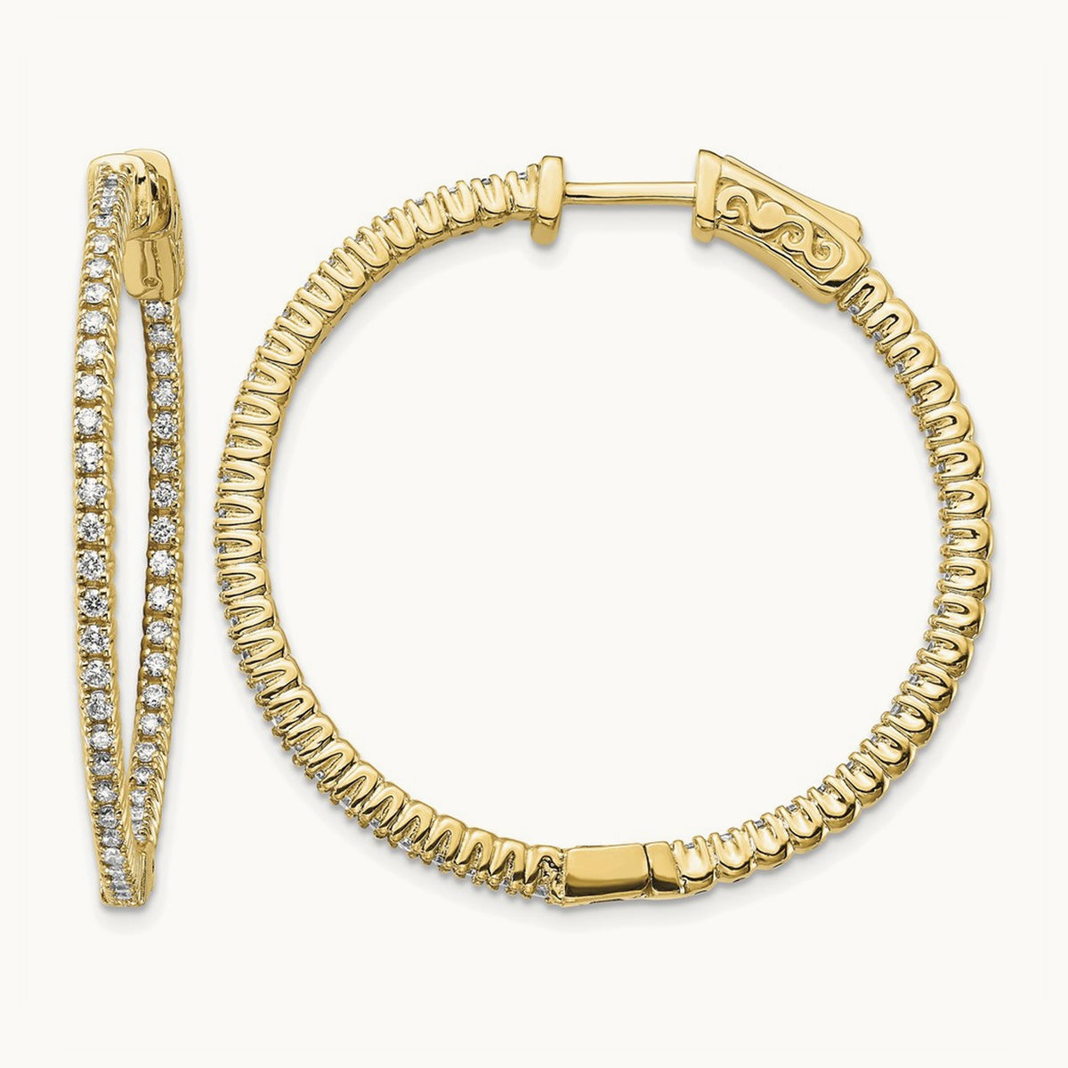 Diamond Round Hoop w/Safety Clasp Earrings, 14K