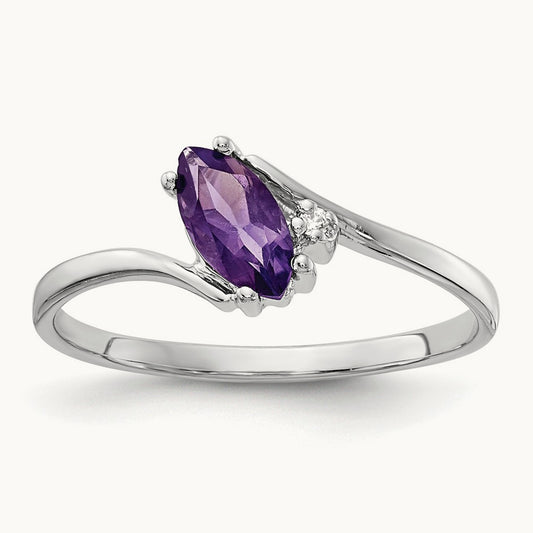 7x3. Marquise Amethyst AA Diamond ring, 5mm, 14K White Gold