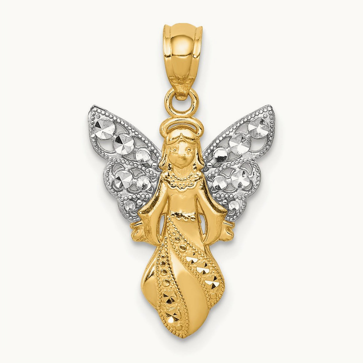 W/Rhodium Polished / Textured Angel Pendant, 14K