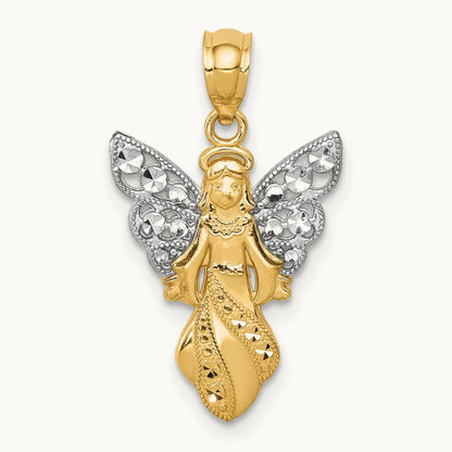 W/Rhodium Polished / Textured Angel Pendant, 14K
