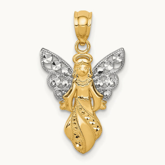W/Rhodium Polished / Textured Angel Pendant, 14K