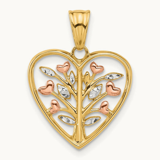 Rose-plated and White Rhodium Diamond-cut Branches in Heart Pendant, 14K