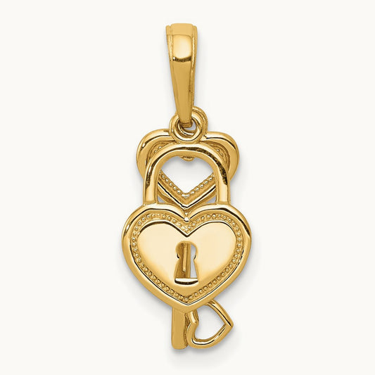 Polished Moveable Heart Key and Heart Lock Charm, 14K