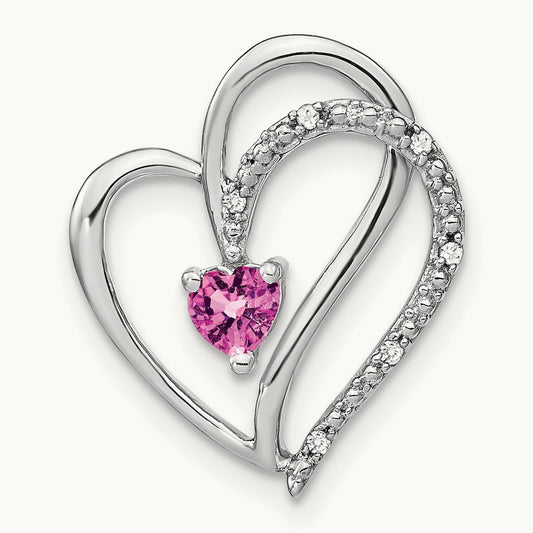 Pink Sapphire and Diamond Heart Chain Slide, 14K White Gold