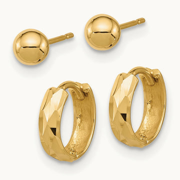 Polished Ball and Diamond Cut Hoop Set, 4mm, 14K