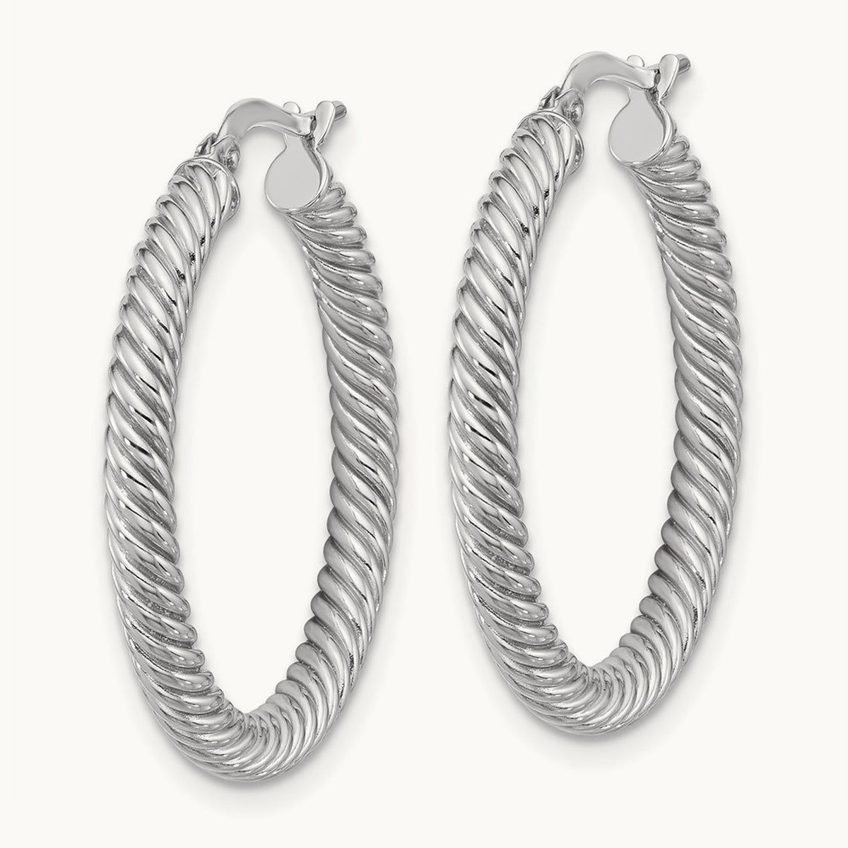Twisted Round Hoop Earrings — 14K White Gold, 3x26mm