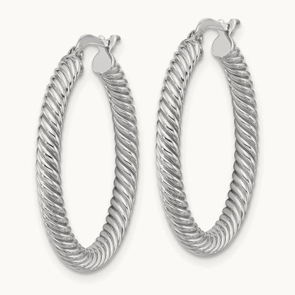 Twisted Round Hoop Earrings — 14K White Gold, 3x26mm