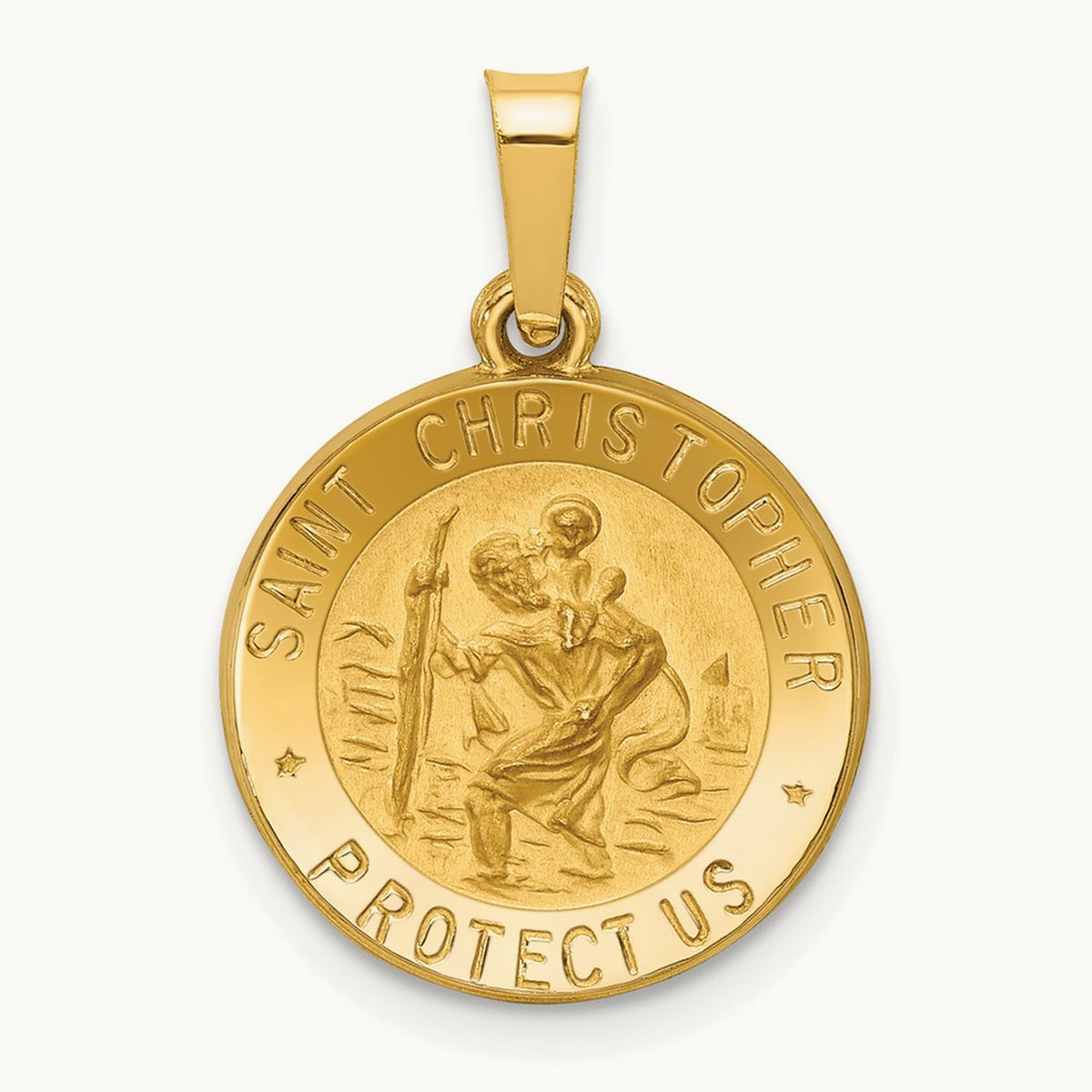 Polished and Satin St. Christopher Medal Hollow Pendant, 14K
