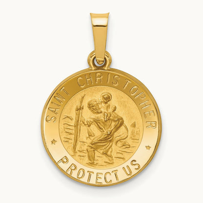 Polished and Satin St. Christopher Medal Hollow Pendant, 14K