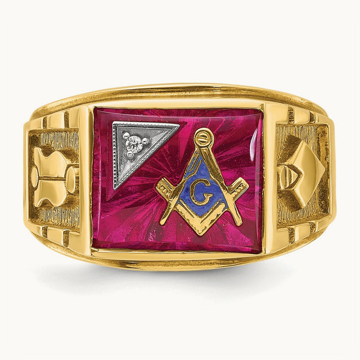 14ktt IBGoodman Men's Lab Cr. Ruby & Dia Blue Lodge Masonic Ring