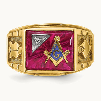 14ktt IBGoodman Men's Lab Cr. Ruby & Dia Blue Lodge Masonic Ring