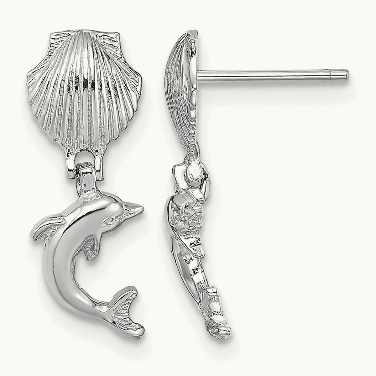 Dolphin Dangle From Mini Scallop Earrings, 14K White Gold
