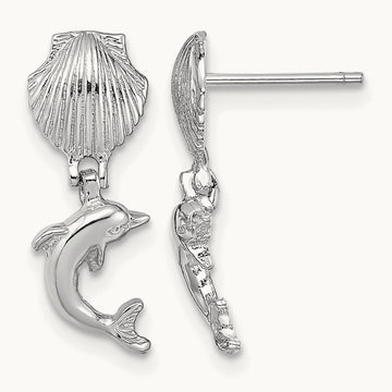 Dolphin Dangle From Mini Scallop Earrings, 14K White Gold