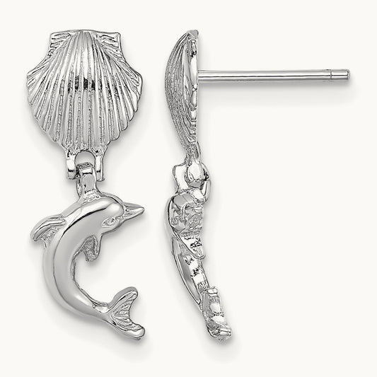 Dolphin Dangle From Mini Scallop Earrings, 14K White Gold