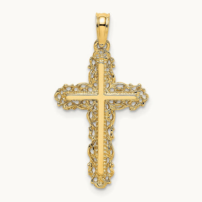 Cross w/ Filigree Lace Trim Charm, 14K