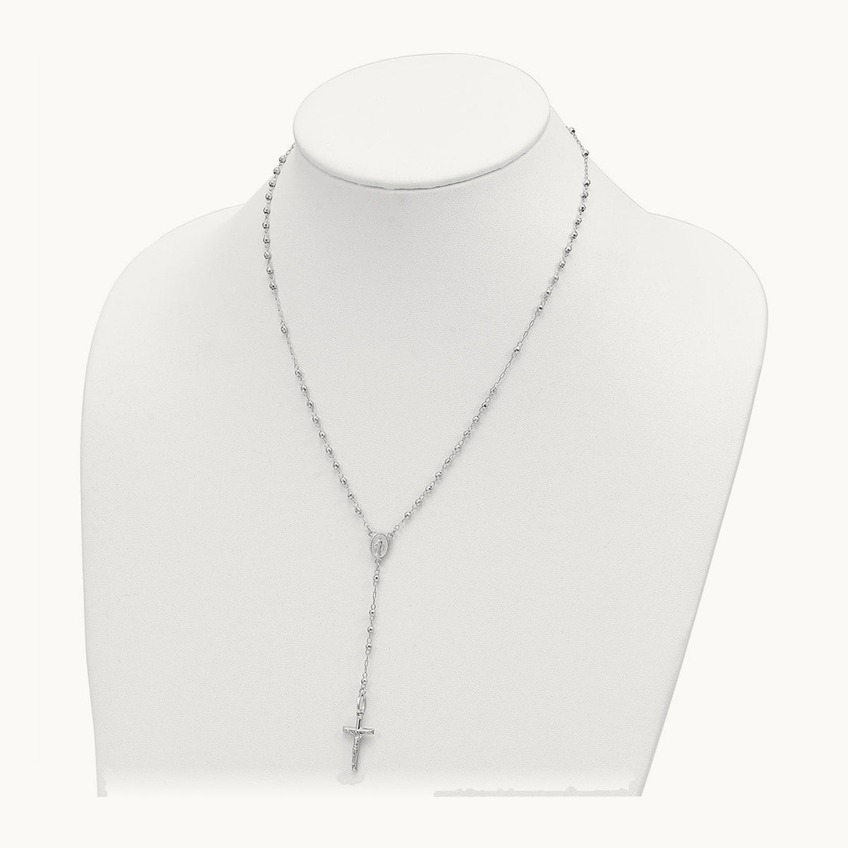 Polished Faceted Beads Rosary Necklace — 14K White Gold