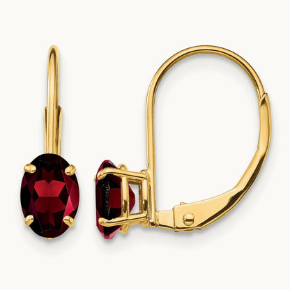 Oval Garnet Leverback Earrings — 16mm, 6x4mm