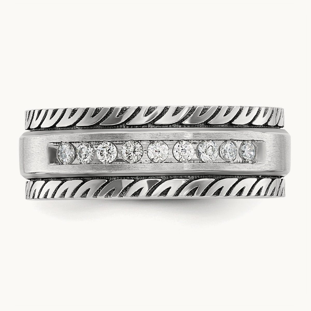 w/ Black RH IBGoodman Men's Polished Satin Grooved Diamond Ring, 14K White Gold