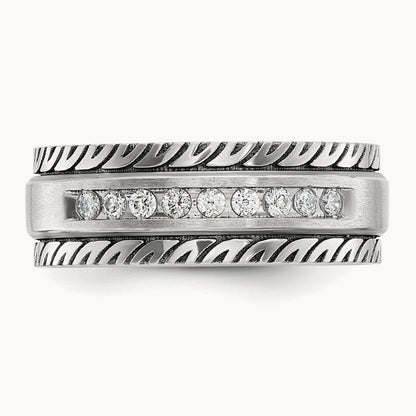 w/ Black RH IBGoodman Men's Polished Satin Grooved Diamond Ring, 14K White Gold