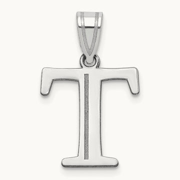 Polished Etched Letter T Initial Pendant, 14K White Gold