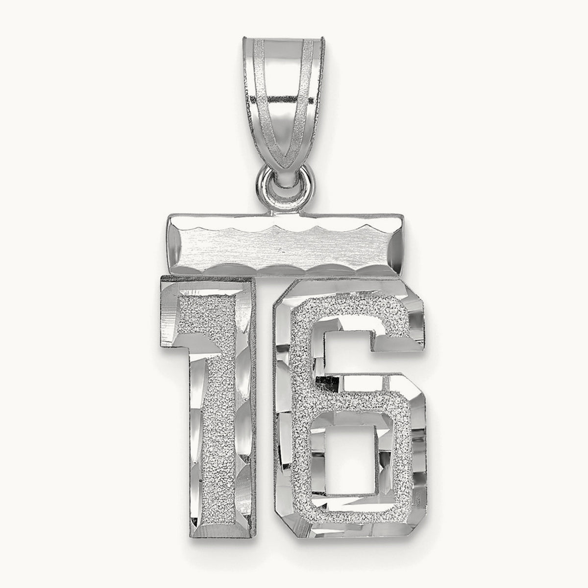 Small Brushed Diamond-cut Number 16 Charm — 14K White Gold