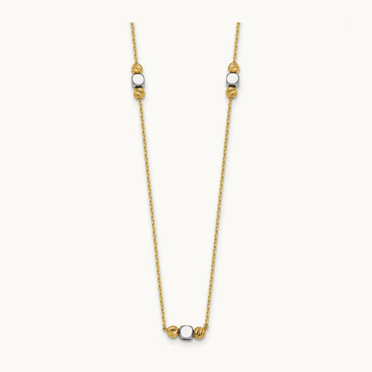 Polished Diamond-cut Bead Fancy w/2in ext. Necklace, 14K Two-tone