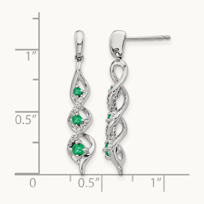 Diamond and Emerald Post Dangle Earrings, 14K White Gold