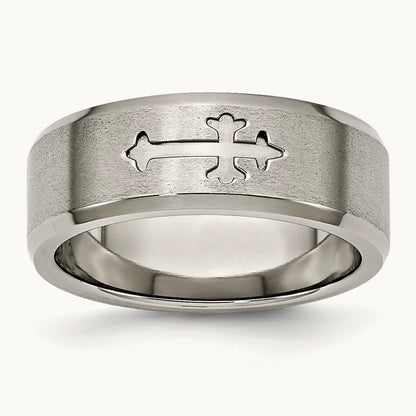 Titanium Brushed Center Cross Design 8mm Beveled Edge Band
