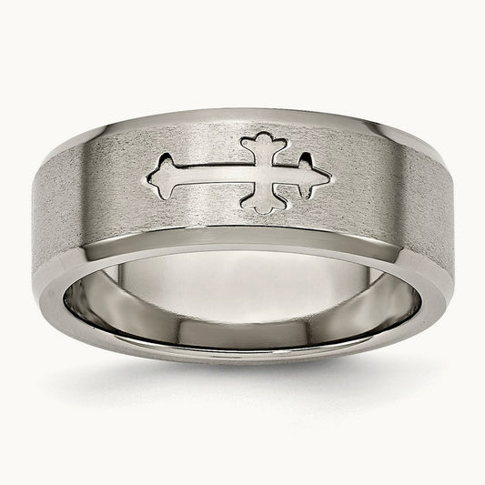 Titanium Brushed Center Cross Design 8mm Beveled Edge Band