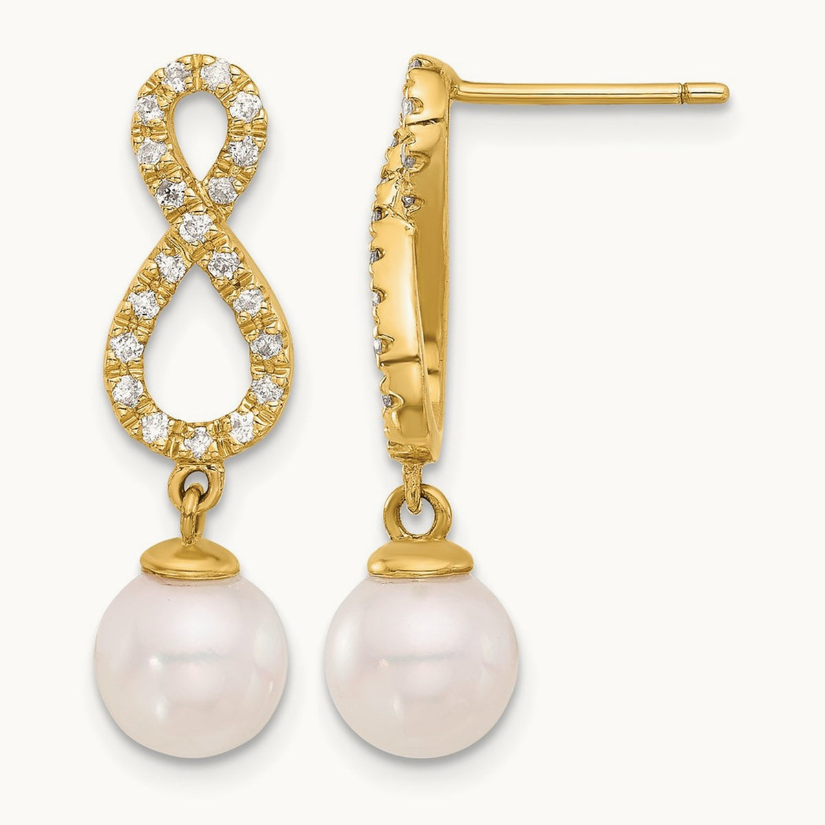 7- Rnd Wht Akoya Pearl and .40ct Dia Infinity Post Dangle Earrings, 8mm, 14K