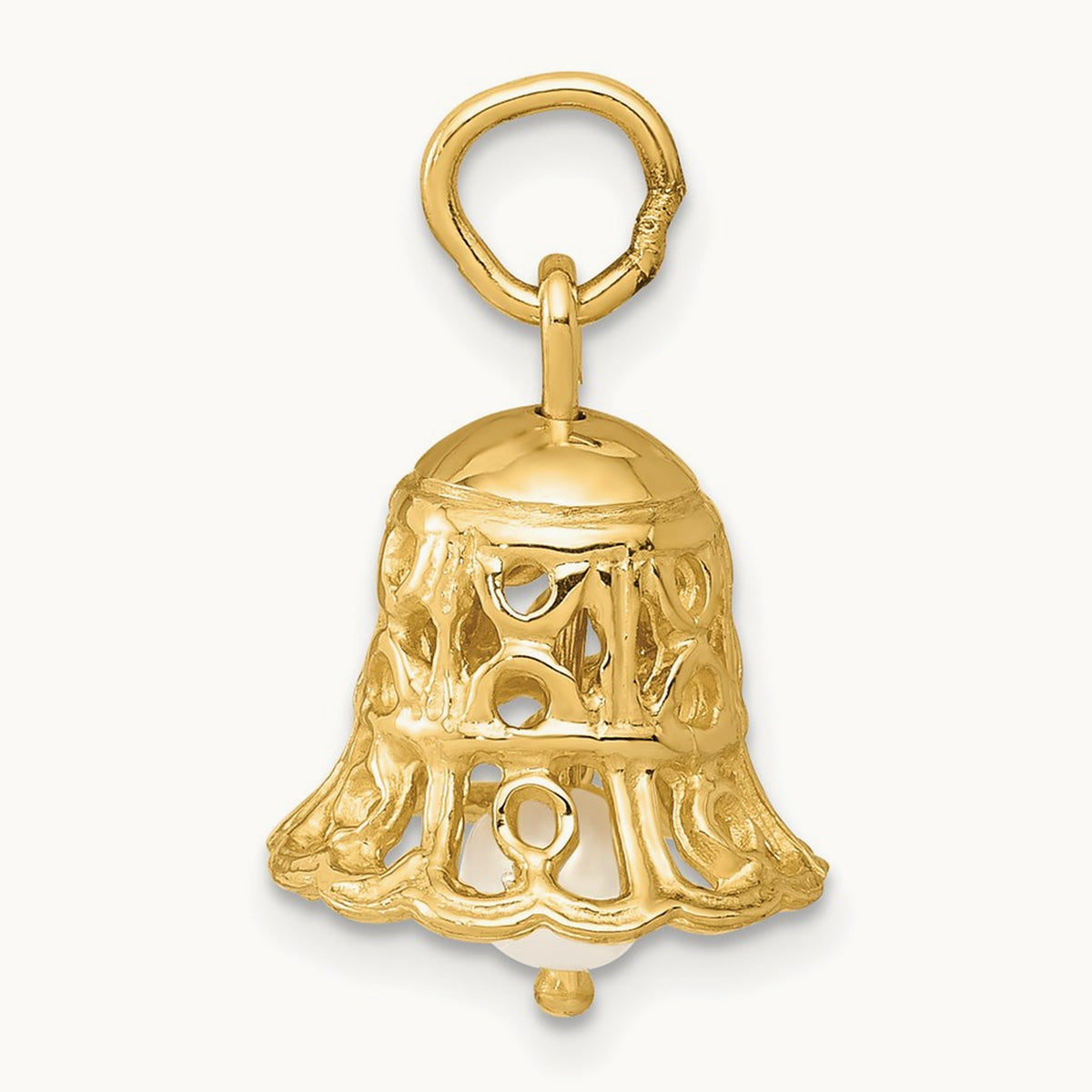 3D Wedding Bell w/ Fresh Water Cultured Pearl Charm, 14K