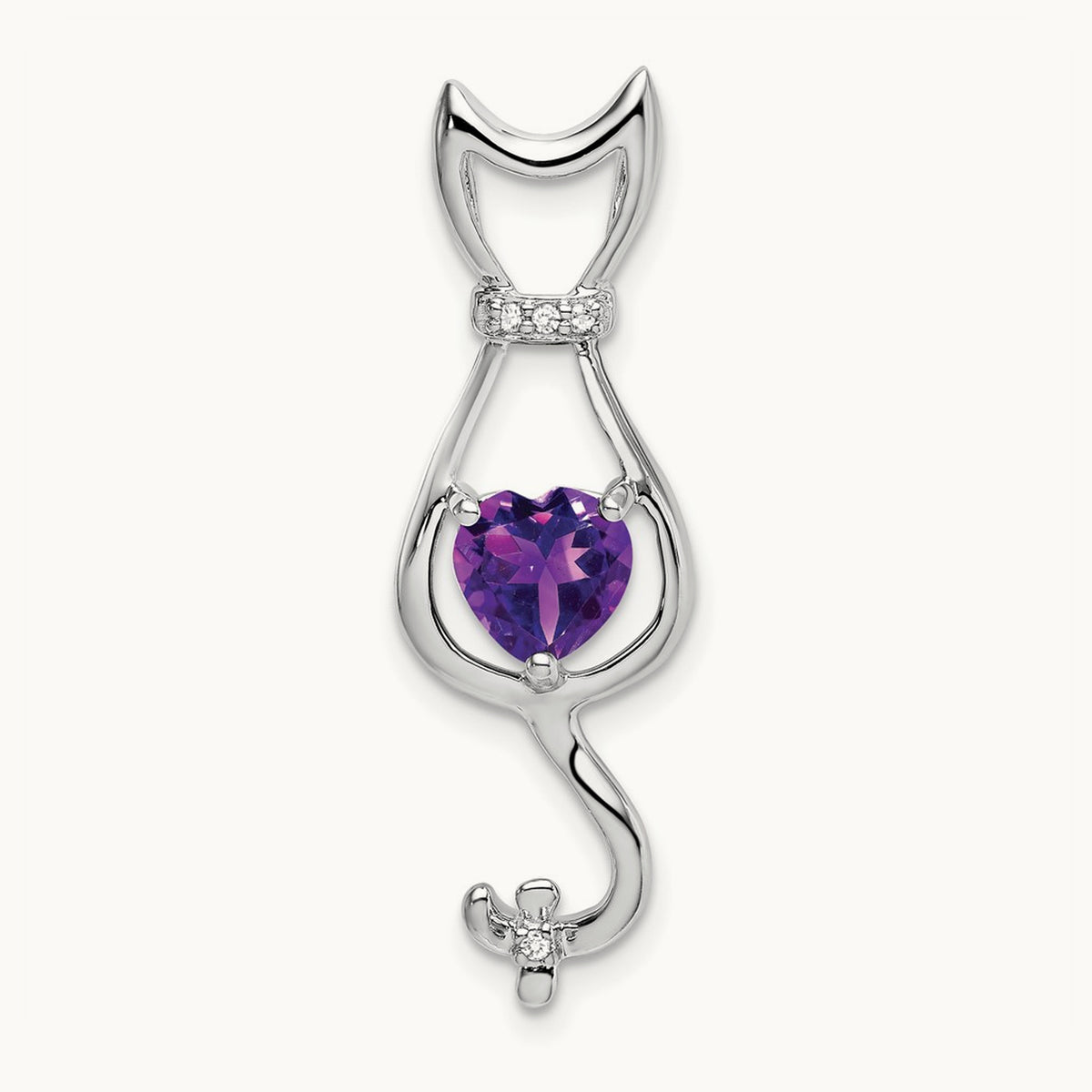 Amethyst and Diamond Cat Pendant — 14K White Gold