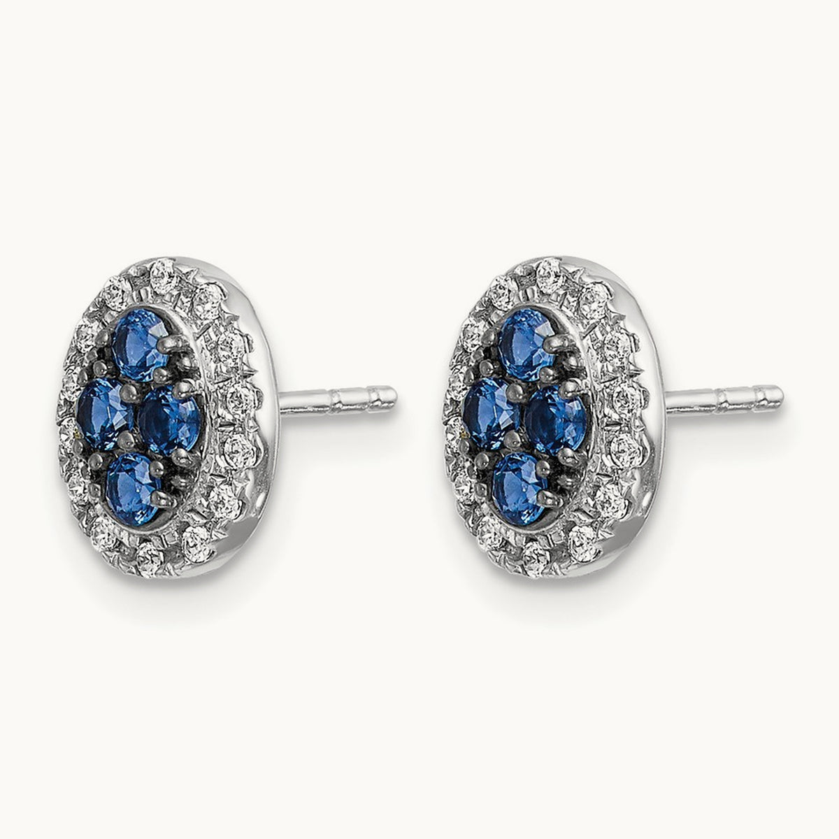 Diamond and Sapphire Oval Post Earrings, 14K White Gold