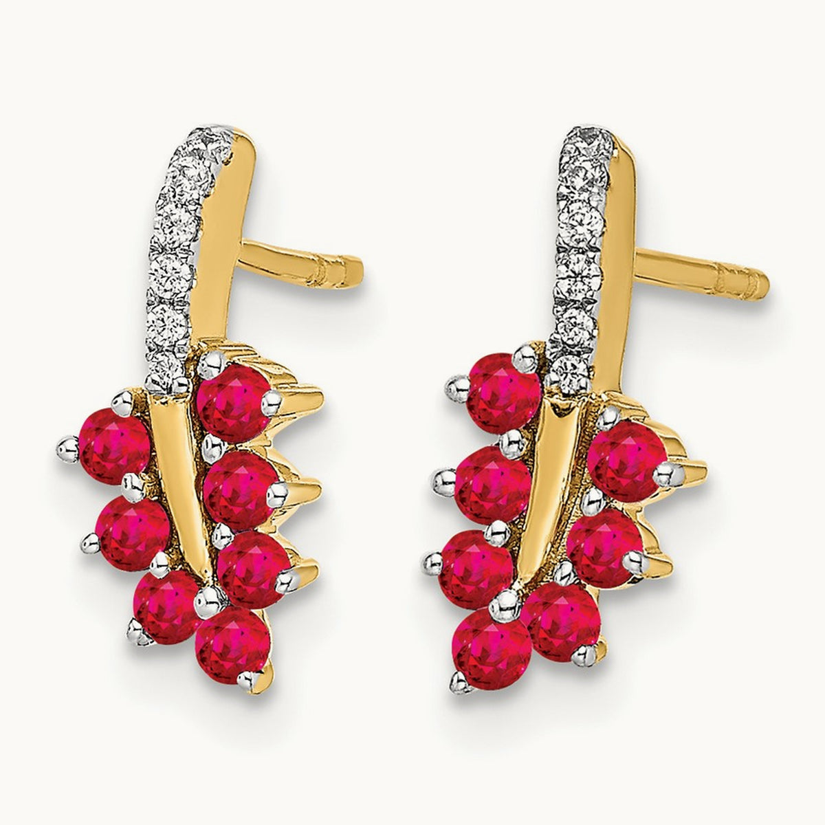 Ruby and Diamond Leaf Earrings, 14K