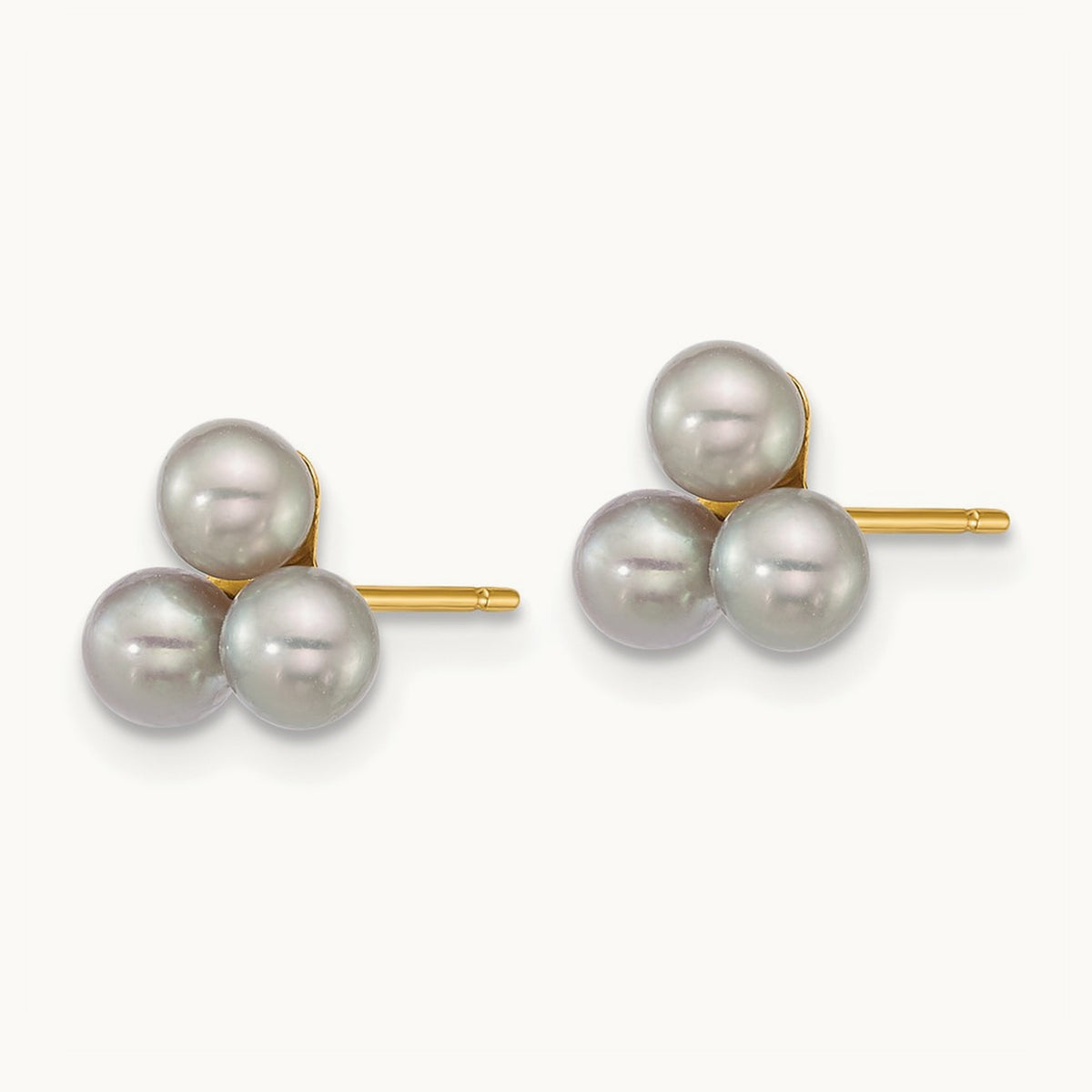 3- Button Grey Freshwater Cultured 3 Pearl Post Earrings, 4mm, 14K