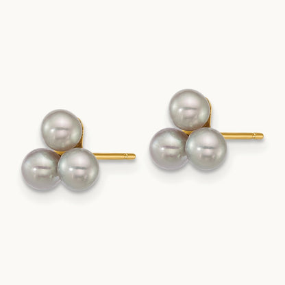 3- Button Grey Freshwater Cultured 3 Pearl Post Earrings, 4mm, 14K