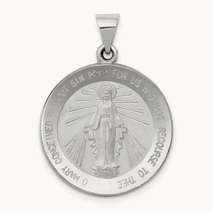 Polished / Satin Miraculous Medal Hollow Pendant, 14K White Gold