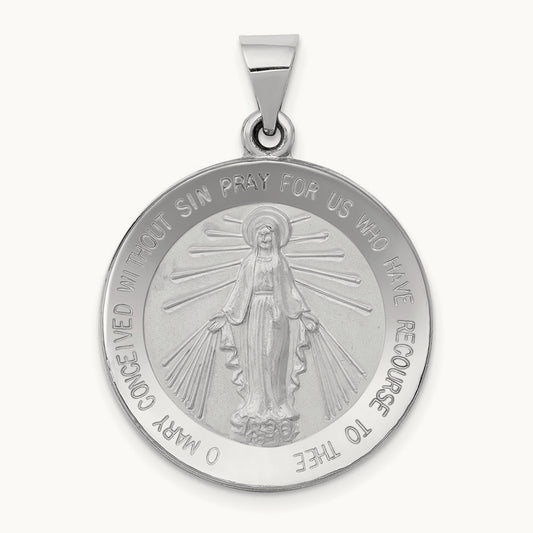 Polished / Satin Miraculous Medal Hollow Pendant, 14K White Gold