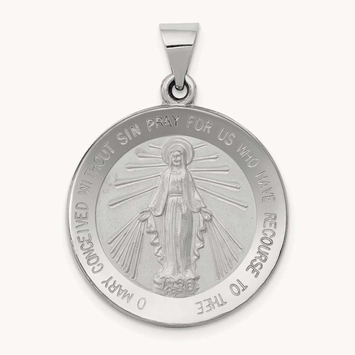 Polished / Satin Miraculous Medal Hollow Pendant, 14K White Gold
