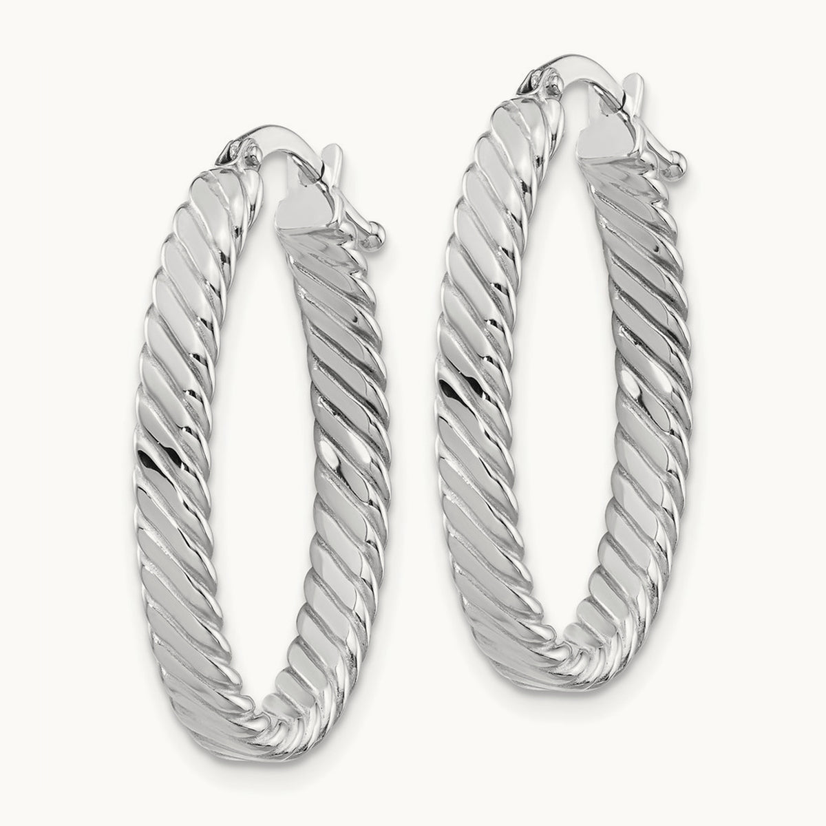 Large Patterned Oval Hoop Earrings, 3mm, 14K White Gold