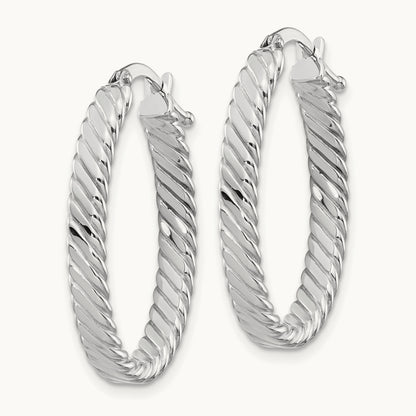 Large Patterned Oval Hoop Earrings, 3mm, 14K White Gold
