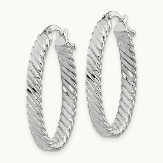 Large Patterned Oval Hoop Earrings, 3mm, 14K White Gold