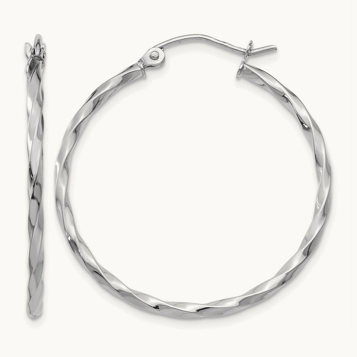 White Gold Twist Polished Hoop Earring — 26mm