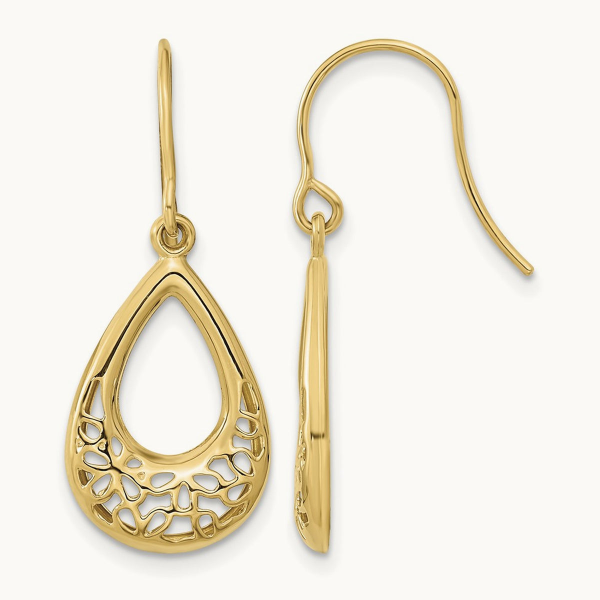 Polished Floral Teardrop Shepherd Hook Earrings, 14K
