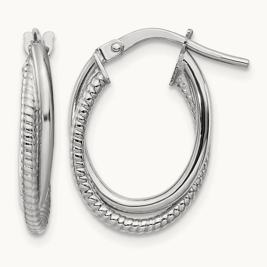 Polished and Textured Double Oval Hoops, 14K White Gold