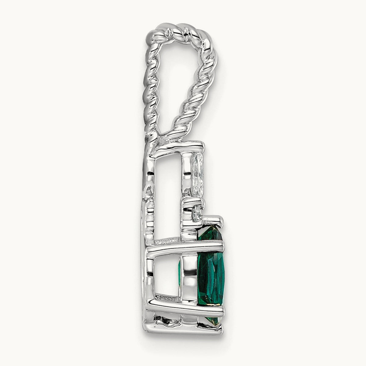 Polish Diamond and Lab Created Emerald Twisted Chain Slide — 14K White Gold