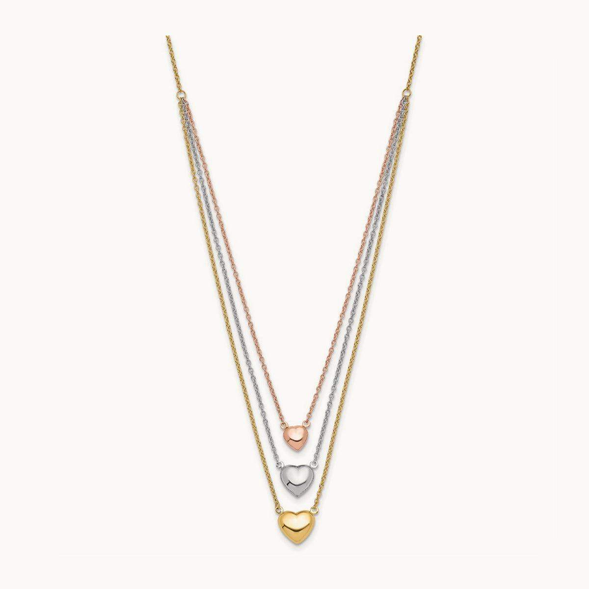 Tri-color Three Heart w/ 1in ext. Necklace, 14K