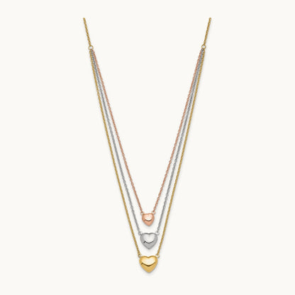 Tri-color Three Heart w/ 1in ext. Necklace, 14K